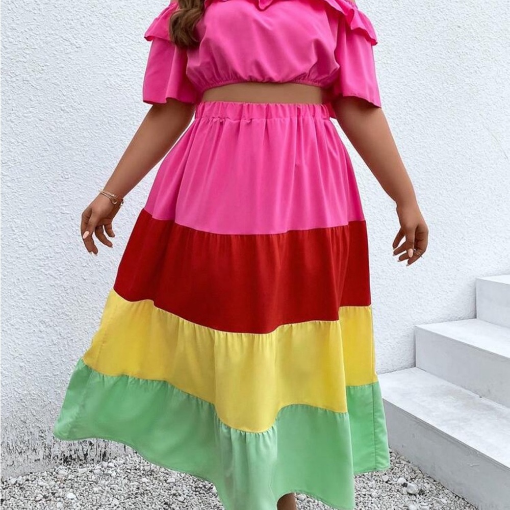 SHEIN Pink, Red, Yellow, and Green A-Line Skirt